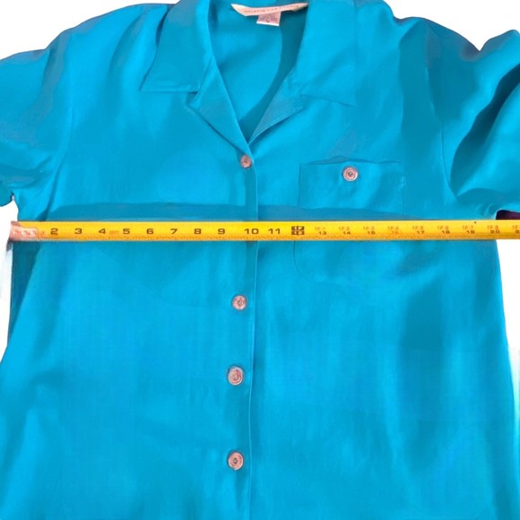 Melrose Silk Studio 100% SILK Teal Blue Button Up Short Sleeve Blouse Sz M - Picture 7 of 9